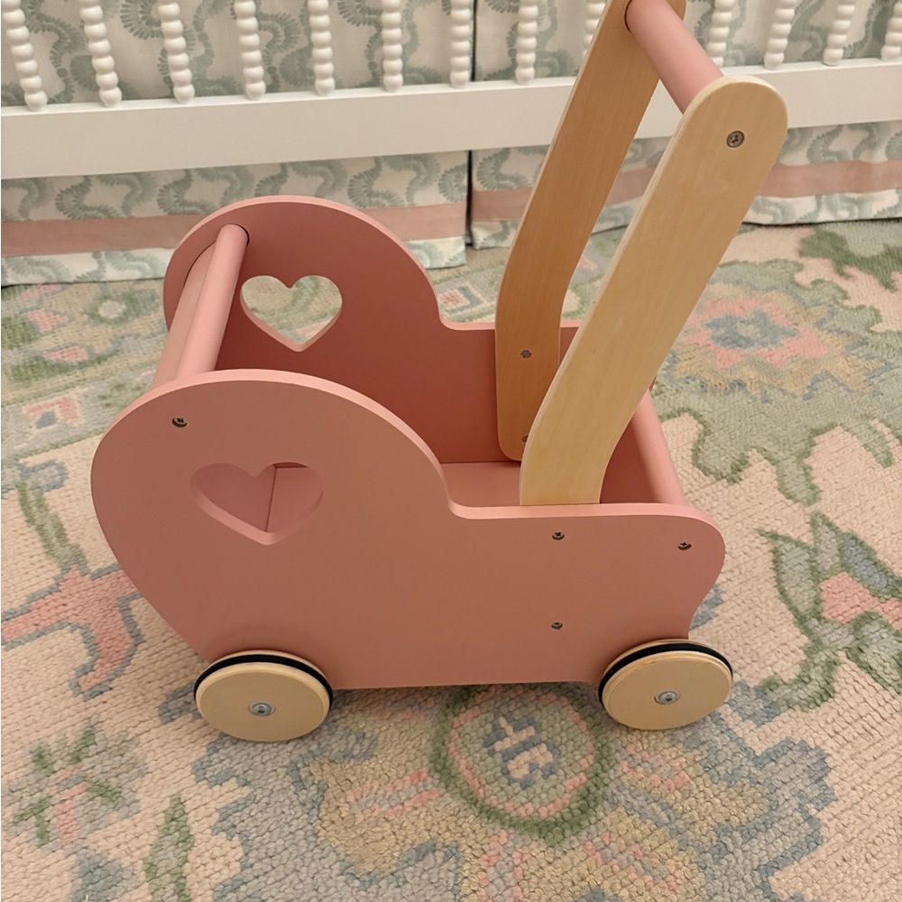 Moover Pink Wooden Toy Stroller Carriage Pram with Heart Cutouts